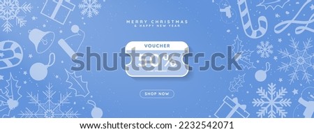 Simple White and Teal Blue Online Christmas 50% Voucher decorative christmas elements and Shop Now CTA Button. Pop up coupon with space for code and 50% off. Editable Vector Illustration. EPS 10.