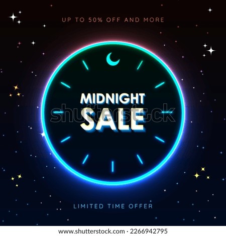 Glowing Midnight Sale sign card poster on dark background  with night stars, inside a neon clock with crescent moon. Up to 50% off and more. Limited time offer. Vector Illustration. EPS 10.