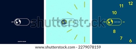 Minimalist Earth Hour Illustration Set. On and Off light switch with Planet Earth Icon inside a clock on the 8:30 to 9:30 position. Earth hour Minimalism Posters. Vector Illustration. EPS 10.