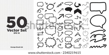Set of 50 Grunge Hand Drawn arrows and speech bubbles in ink brush design style. Sketch elements. Arrow lines, directional, speech box. Collection of doodle elements. Vector Illustration. EPS 10.