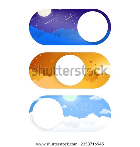 Day, Night, Sunset Switch Button Concept. Blue Sky Day with clouds and flying birds, sunset dusk golden hour, evening with shining stars and meteor shower. Dark or Light Mode Theme. Time indicator. 
