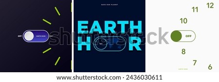 Earth Hour Greeting Card Posters.  Earth Hour Clock Concept with Off Switch button on the 8:30 to 9:30 position. Earth Hour Typographic Design with Off  Slide button. Vector Illustration. 