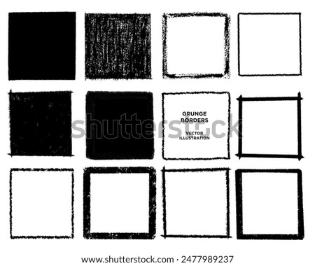 Black hand drawn square boxes and frames isolated on white background. Set of grunge box shapes. Chalk style hand painted box design elements. Vector Illustration. EPS 10.