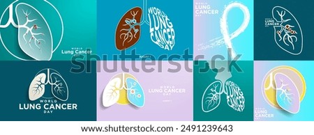 Set of World Lung Cancer Day Posters and Banners in Paper cut out origami style. A pair of lungs with cancer tumor depicting lung cancer. Typographic, minimalism. August 1. Vector Illustration.