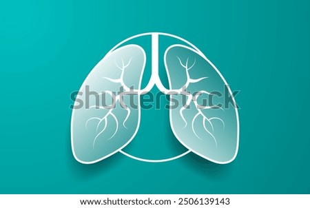 Paper cut out illustration of pair of lungs on a gray background encircled in a white ring. Simple respiratory system background template. Lung Organ shape. No text. Vector Illustration.