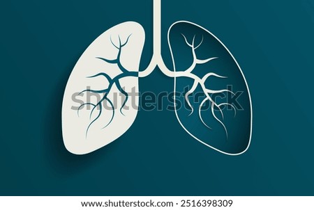 Simple 3D Paper Cut out Illustration of the human lungs. Left lung popped out above surface with shadow, right lung hollowed into background with floating lung bronchus. No text with copy space.