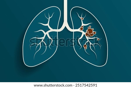 Simple 3D Paper Cut out Illustration of the human lungs. Left lung popped out above surface with shadow, right lung hollowed into background with floating lung bronchus and red tumor cells. 