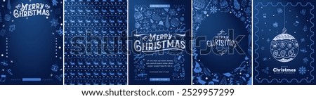 Blue Gradient Merry Christmas Greeting Card Posters, Xmas invitation template, and patterned background. Decorative Christmas Elements in monochromatic blue colors. For display posters, cards, posters