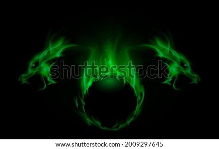 Magic green fireball with two dragons head fantasy sci-fi. Concept Art Wallpaper.