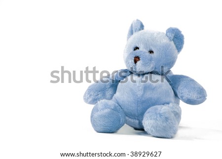 Blue teddy bear against a white background