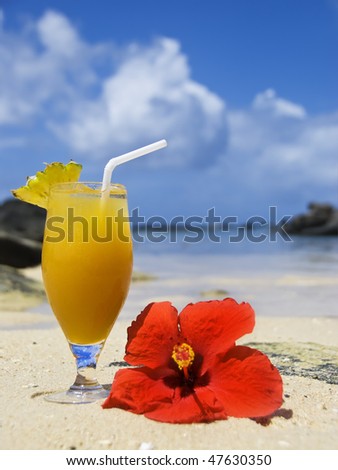 a Fresh cold fruit cocktail drink and red poinsettia on a tropical island beach