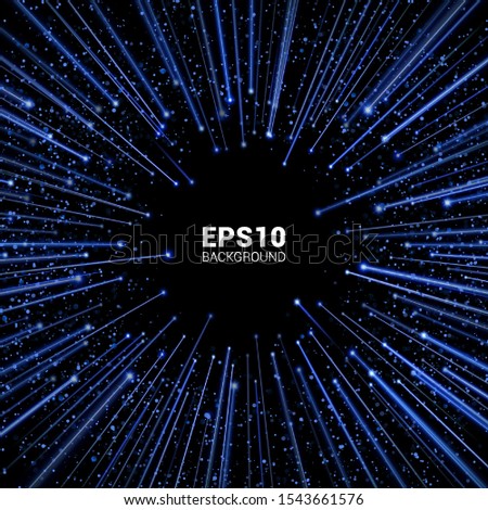 High speed. Blue Light stripes fast over dark background with ray sparkles. Abstract explosion background. Vector illustration