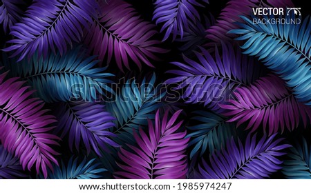Tropical palm leaf pattern neon colored. Summer night jungle background. Tropical illustration for beach nightclub or flyer.