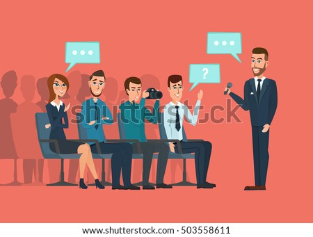 Business professional meeting. Journalists and photographers at a meeting of business people communicating conference hall. Vector creative illustrations flat design. Worker people Man and Women.