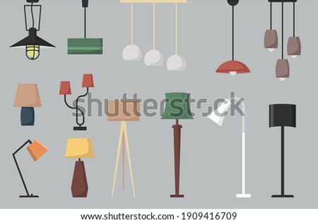 Set of lamp. Vector collection of floor lamp table lamp  ceiling lamp. Vector cartoon set. Imagine de stoc © 