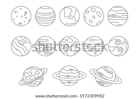 Set of vector line icons of planets. Black line planets on white background. Black line planets symbols for web and mobile design. Collection of flat planets. Simple cartoon space icon set.