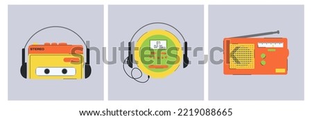 Set of audio and CD player of the 1990s. Set of vector elements in retro design. 90's style vector objects. 