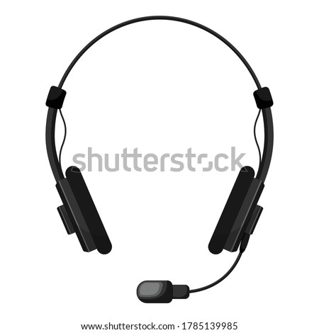 Cartoon icon of black headset headphones with microphone, vector illustration