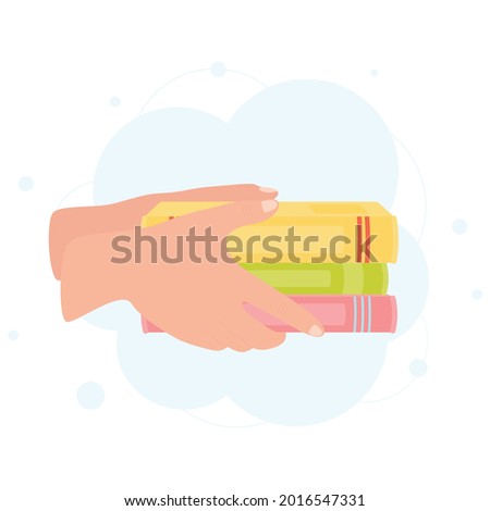 Hands holding pile of books. Literacy day concept. Reading concept. Vector illustration 