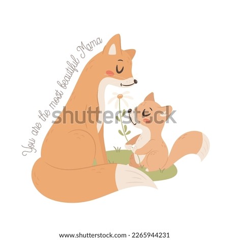 Mama Fox with baby. Happy Mothers day greeting card concept.