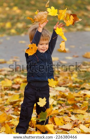 Beautiful little boy walks in autumn park and throws maple leaves