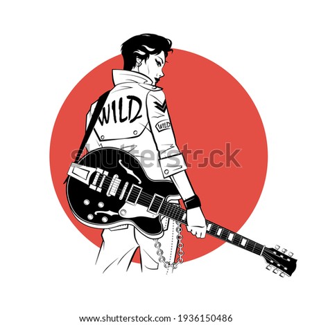 Young woman with electric guitar in sketch style on red background. Vector illustration.