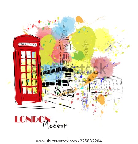 European capital, sketch, London, modernist style, background, colors