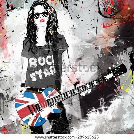 Fashionable woman with guitar. Rock star. Grunge illustration