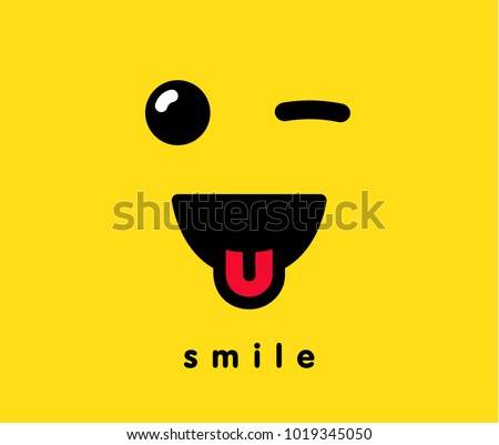 Smile with tongue banner template. Winking smiling emoticon vector on yellow background. Face icon in line art style