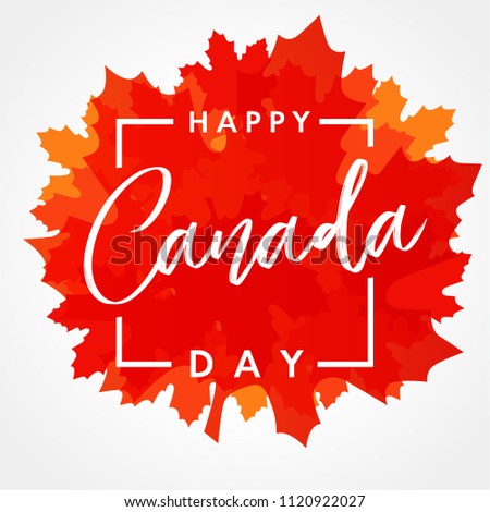 Happy Canada Day lettering on maple leaf banner. Canada Day, national holiday 1st of july with vector text on red maple leaf. Celebrating Canadian anniversary of independence of 1867 years