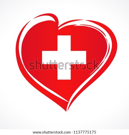 Love Swiss emblem with heart in national flag color. National holiday in Switzerland 1 August 1291, vector greetings card. Celebration Swiss Confederation anniversary of Foundation date
