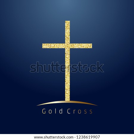 Gold cross on hill logotype. Emblem of christian event & education. Greeting card with glitter and sparkles on dark blue background. Isolated symbol, graphic design template.