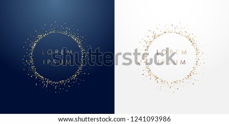 Golden sparkling ring with dust glitter graphic on dark blue ang white background. Glorious decorative glowing shiny design. Discount sign with empty center. Letter O vector logotype or zero label.