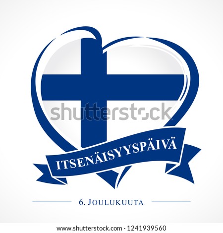 Love Finland emblem with heart in national flag and finnish text: Independence day 6 December. National holiday in Finland 6 December 1917, independence from Russian Empire. Vector greetings card