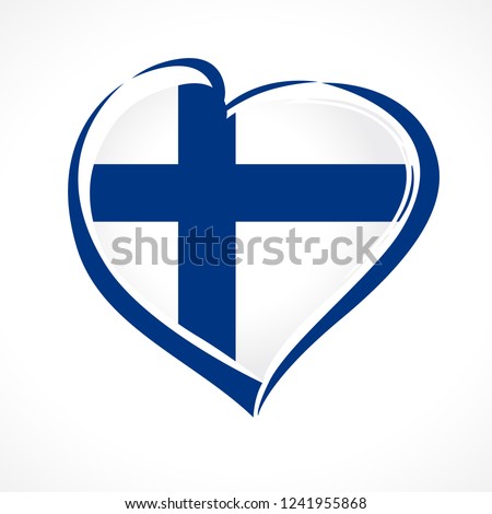 Love Finland emblem with heart in national flag colors. National holiday in Finland 6 December 1917, independence day from Russian Empire. Vector greetings card