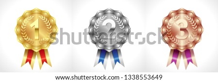Awards colored numbers, logotype set. Isolated abstract graphic design template. Coloured icons, victory symbols. Celebrating congratulating decorative 1 st, 2 nd 3 rd collection of signs. Vector cups