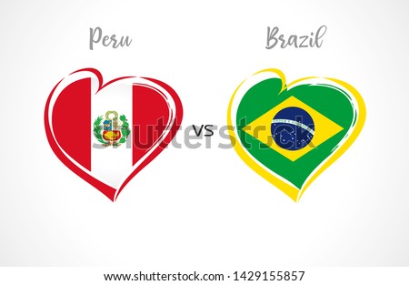 Peru vs Brazil, national team soccer flags on white background. Brazilian and Peruvian flag in heart, logo vector. Football world championship of the competition Copa America 2019