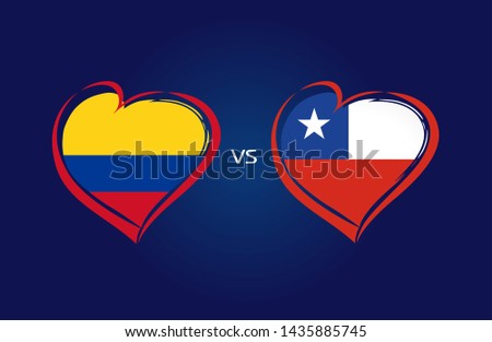 Colombia vs Chile, national team soccer flags on blue background. Colombian and Chilean flag in heart, logo vector. Football championship of the competition 2019