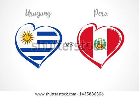 Uruguay vs Peru, national team soccer flags on white background. Uruguayan and Peruvian flag in heart, logo vector. Football championship