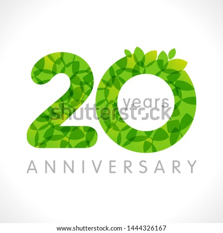 20 th anniversary numbers. 20 years old logotype. Age congrats, congratulation idea with leaves. Isolated abstract graphic design template. Herbal digits, up to 20% percent off discount. Eco label.