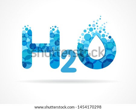 Chemical formula h2o with water drops in letters. H2O mineral natural water vector icon design. Blue wave logo with aqua bubbles splash 