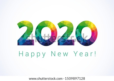 2020 Happy New Year greetings. Celebrating congratulating banner with colored facet stained numbers. Jubilee or birthday multicolor logo. 2, 20th, 20 years old illustration or sale 20% special offer