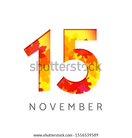 15 th of November calendar numbers. 15 years old autumn logotype. Anniversary digits with leaves. Isolated abstract graphic design template. White background. Up to 15% percent off creative discount.