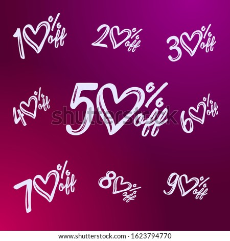 Sale heart numbers set. Creative discount digits 50 %, up to 10 - 90% off. Collection in brush black and white style calligraphy. Abstract isolated graphic design template. Outline vector mask concept
