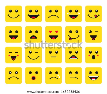 Set of emoticon icons. Bright yellow square shape smiley faces with round corners. Isolated abstract graphic design template. Internet messenger or computer chat. 3D logotype. World Smile Day