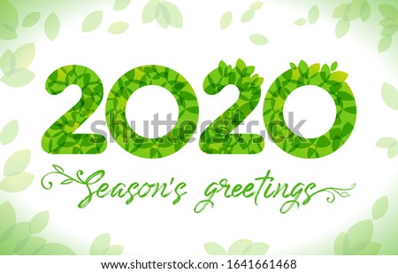 2020 green sign. Seasonal numbers. Happy holiday congrats. Green leaves frame, calligraphic brushing text with plant elements. 2, 20% percent off concept. Isolated abstract graphic design template.