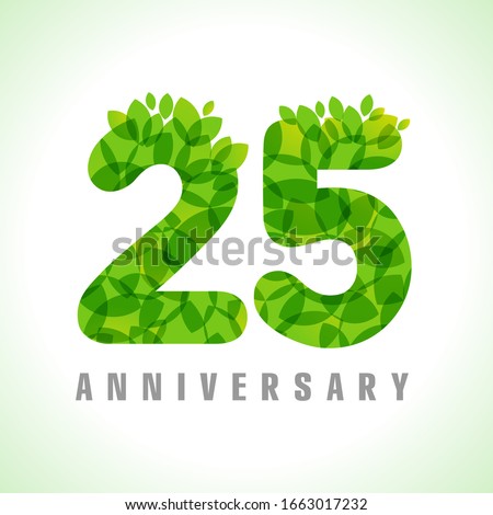 25 th anniversary numbers. 25 years old logotype. Age congrats, congratulation concept with leaves. Isolated abstract graphic design template. Herbal digits, up to 25% percent off discount. Eco label.