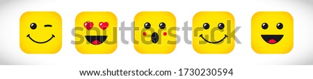 Set of square yellow emoji with wink, love, surprised, smile and happy emoticon. Creative vector illustration expression signs for internet messenger or chat