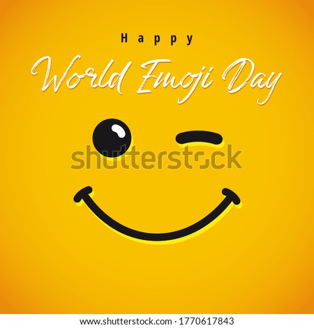 Happy World Emoji Day creative congrats. Isolated abstract graphic design template. Smile icon and text in brushing style. Vector sign. Cute funny yellow symbol. Square background.