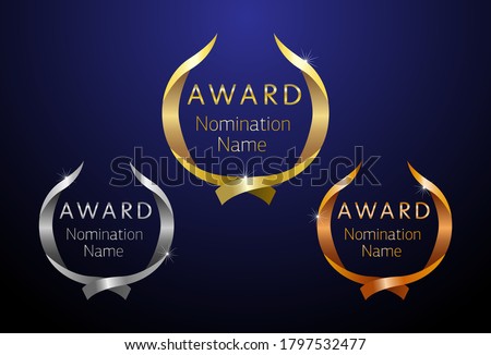 Awards logotype set. Isolated abstract graphic design template. First, second, third place symbol. Metal gradient shining collection. Decorative congrats. Tradition greeting. Round palm. Cup elements.